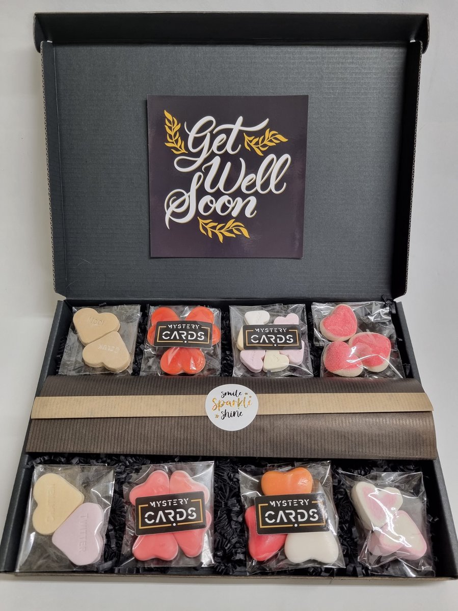 Valentijn Box met Mystery Card Get Well Soon met persoonlijke (video)boodschap | 8 soorten heerlijke hart snoepjes en een liefdevol kado